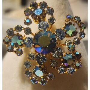 Vintage Austria Blue Aurora Borealis Rhinestone Flower Brooch Gold Tone
